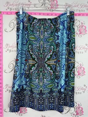 Sunny Leigh Blue Paisley Midi Skirt with Teal and Black Accents